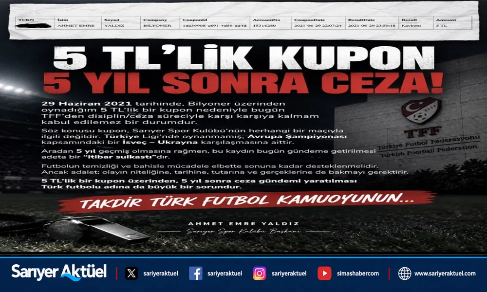 Sarıyer Spor Kulübü Başkanı Ahmet Emre Yaldız’dan TFF’nin Ceza Sürecine Tepki