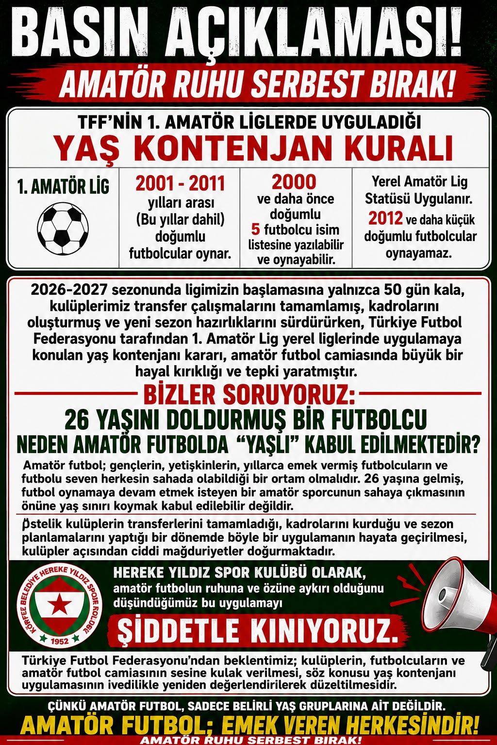 Hereke Yıldızspor’dan büyük tepki: “26 yaşındaki futbolcuya yaşlı denemez”